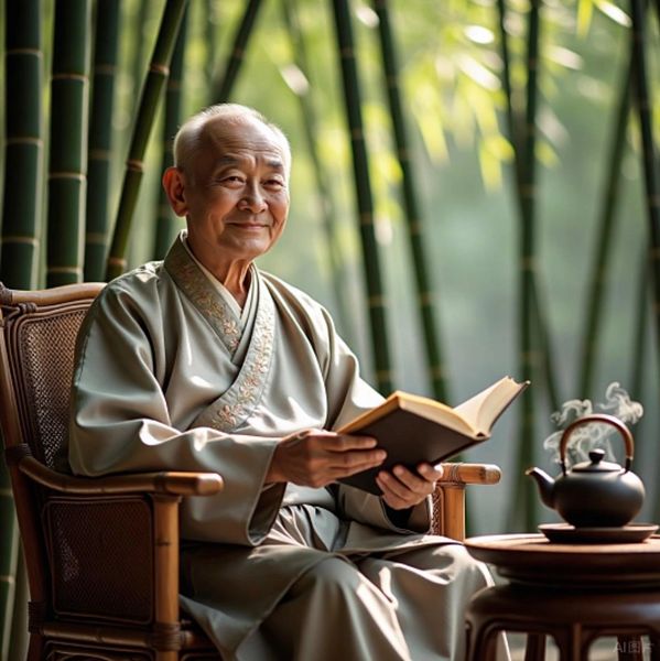 Elderly man in traditional attire reading a book in a peaceful bamboo setting.