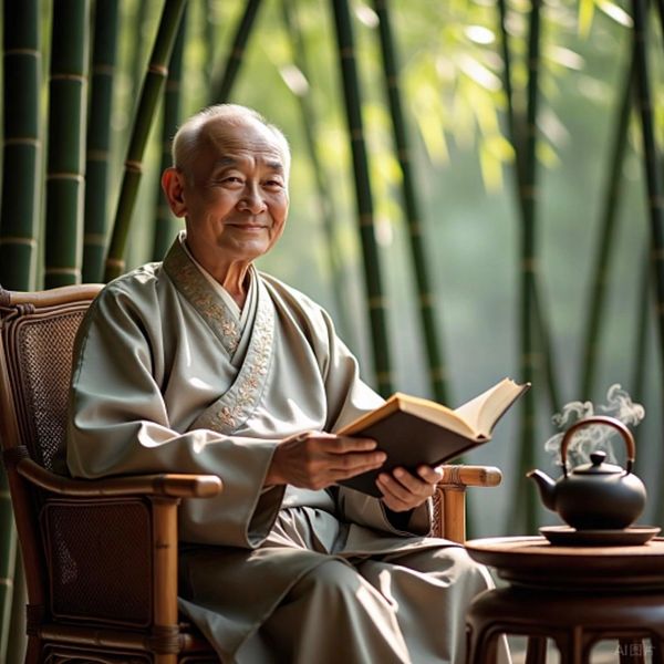 Elderly man in traditional attire reads a book in a serene bamboo garden.