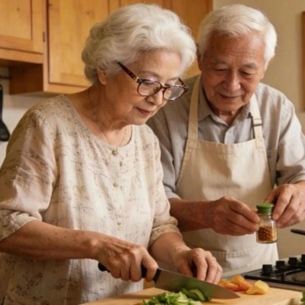 Elderly couple preparing vegetables together in the kitchen.