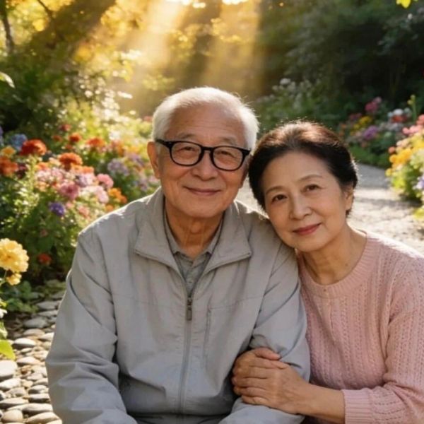 Elderly couple smiling warmly in a sunlit garden full of flowers.