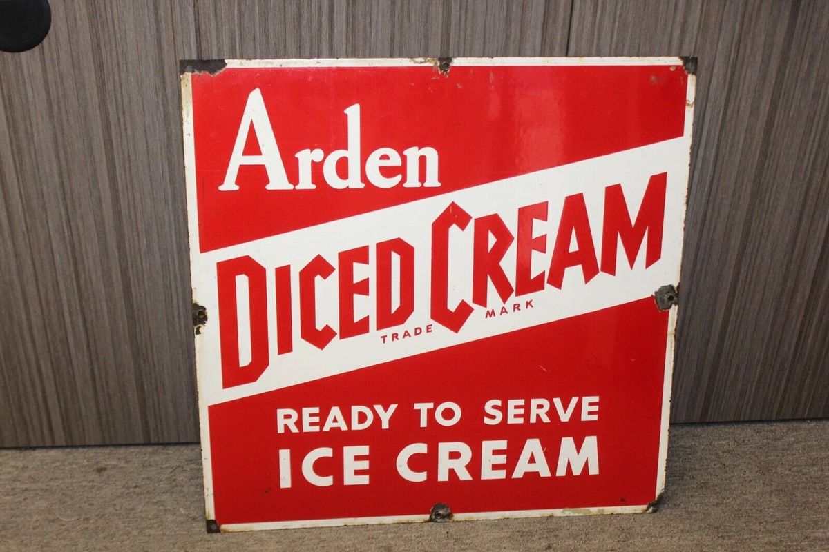 1950s Arden Diced Cream Ready To Serve Porcelain Single Sided Advertisement Sign 3939