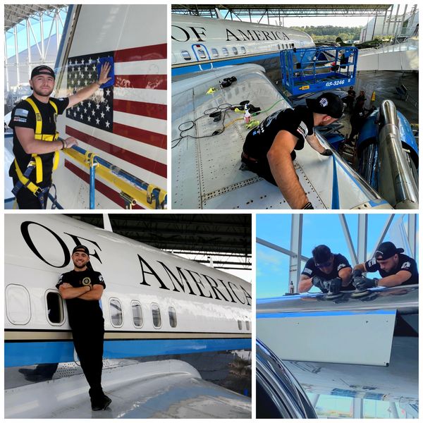 Detailers of Air Force One team working at the Museum of Flight in Seattle, WA.