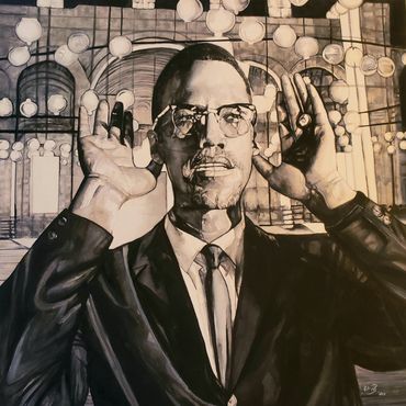 black and white, Glori B. , watercolor painting, human rights activist Malcolm X, Gloria Braxton