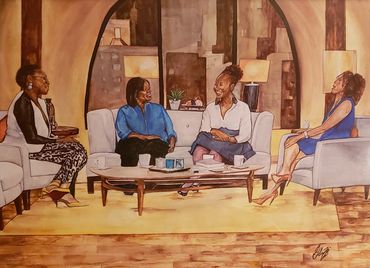 watercolor painting of the women of Exhale TV, talk show, Glori B. , Gloria Braxton