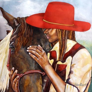 Joe & Nelle, Glori B., watercolor art, watercolor, Gloria Braxton artwork, horses, love, fedora