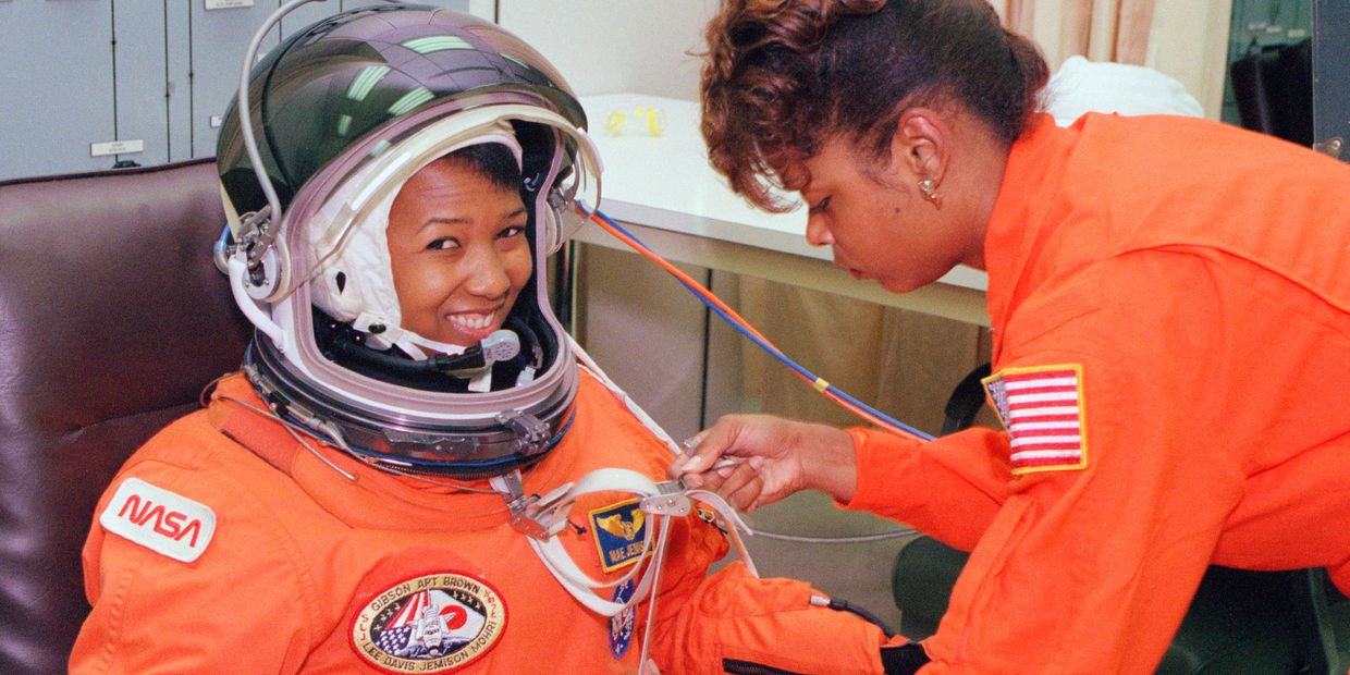 Dr Mae C Jamison  preparing for her 1992 mission aboard the space shuttle Endeavor.