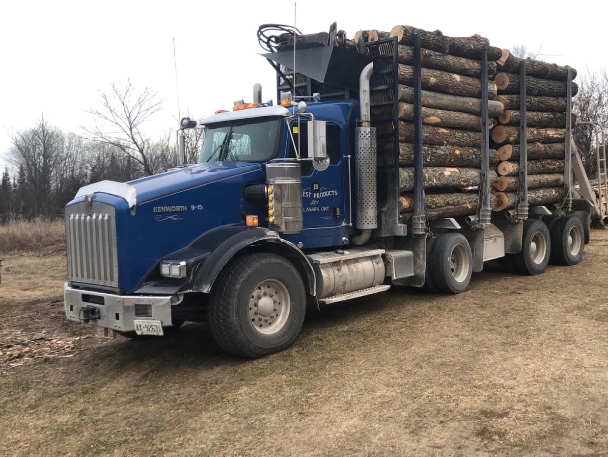 Blue Kenworth truck loaded with logs parked on a dirt field.