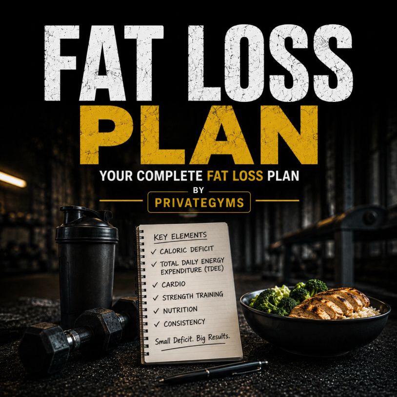 Fat loss plan essentials with gym equipment and healthy meal.