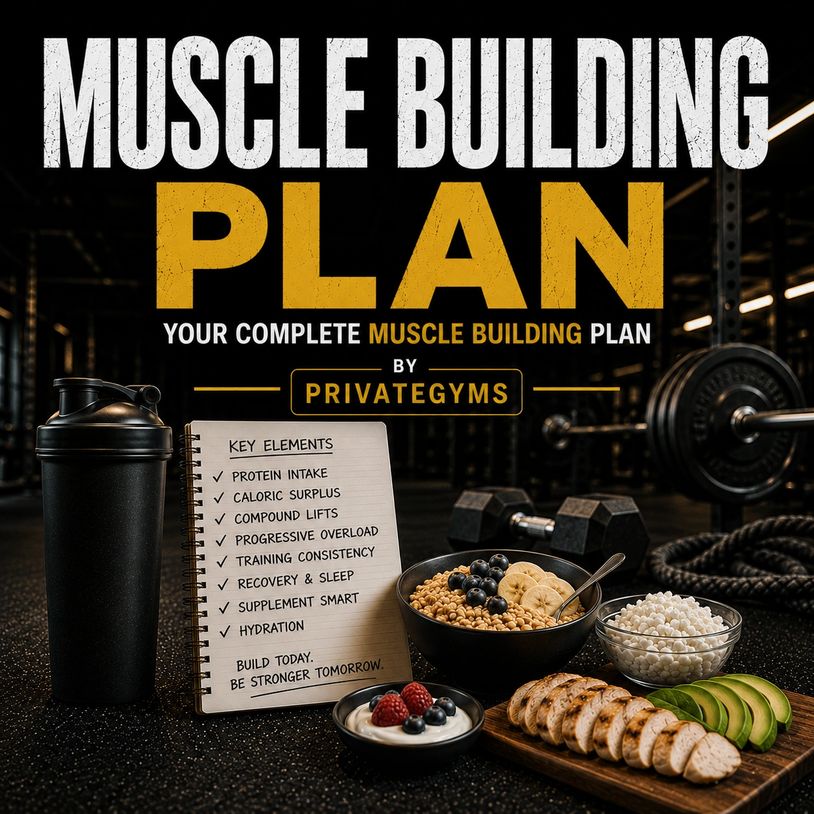 Muscle building plan essentials with healthy food and gym equipment.