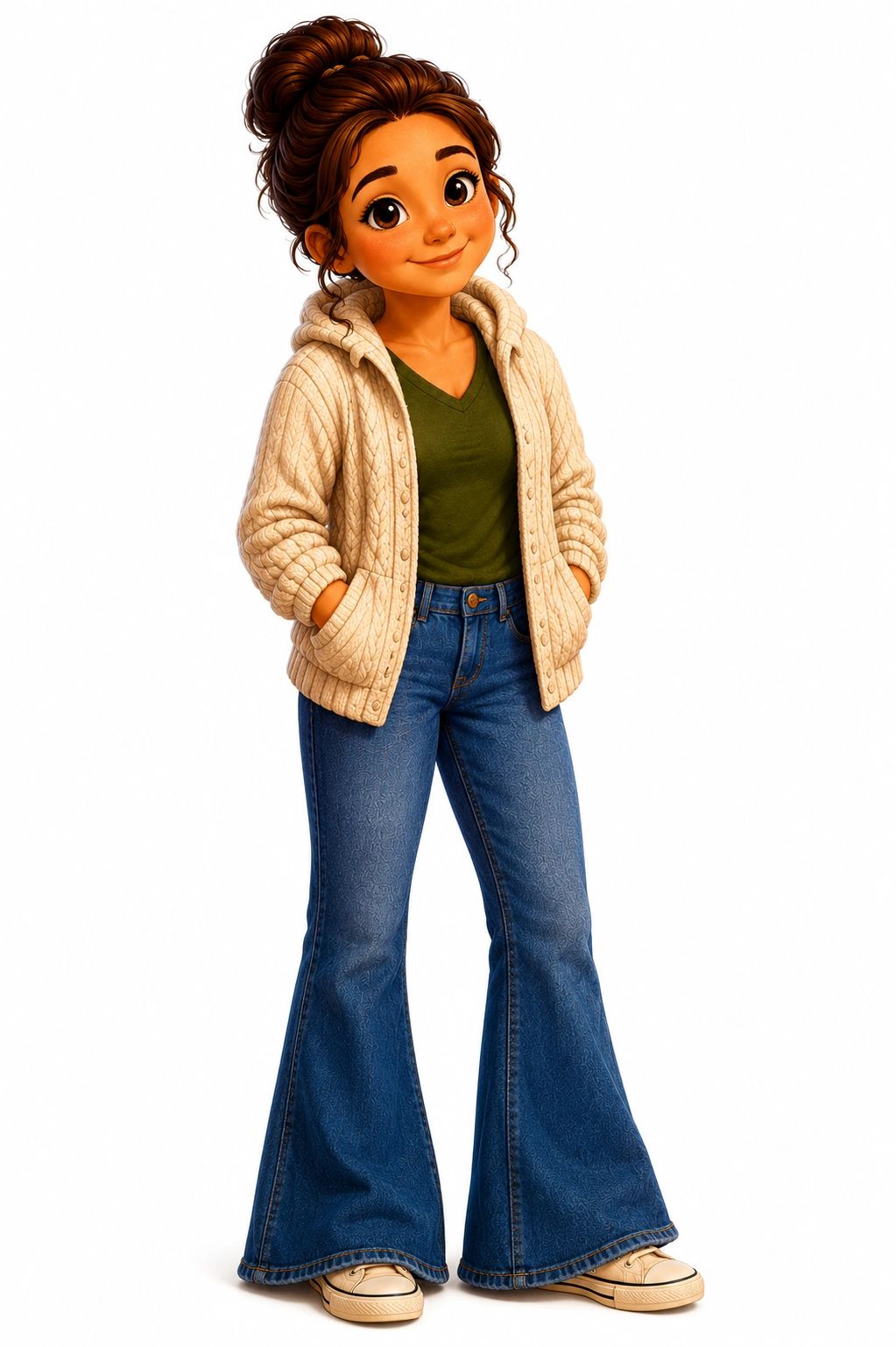 Animated girl with brown hair in a bun, wearing a beige hoodie, green shirt, flared jeans, and sneakers.