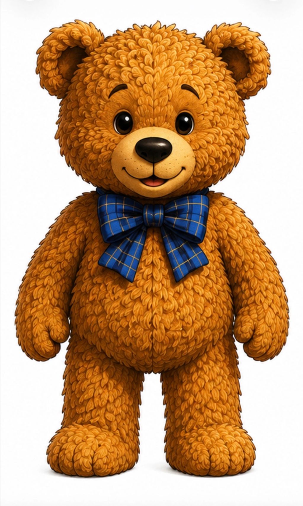 Smiling teddy bear with curly fur and a blue bow tie.