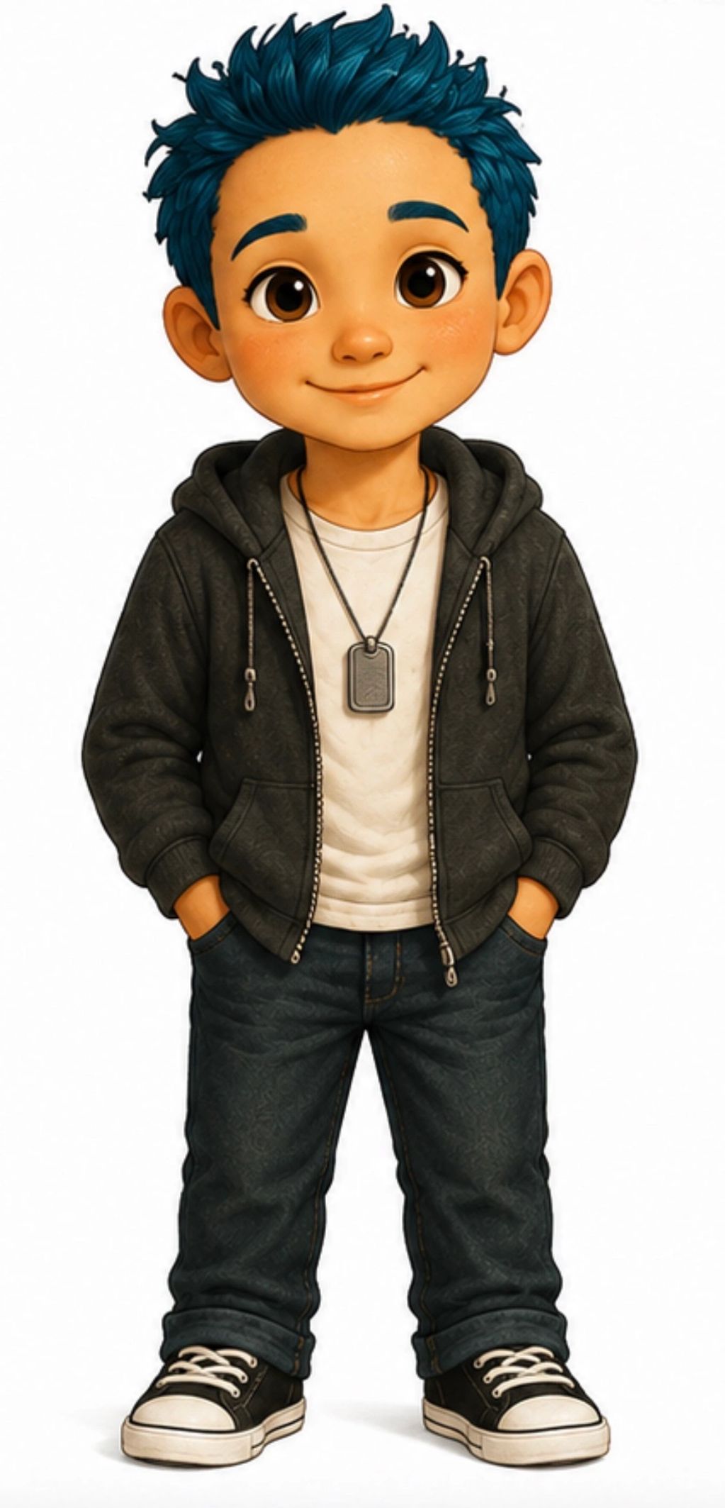 Young boy with blue hair wearing a black hoodie and sneakers.