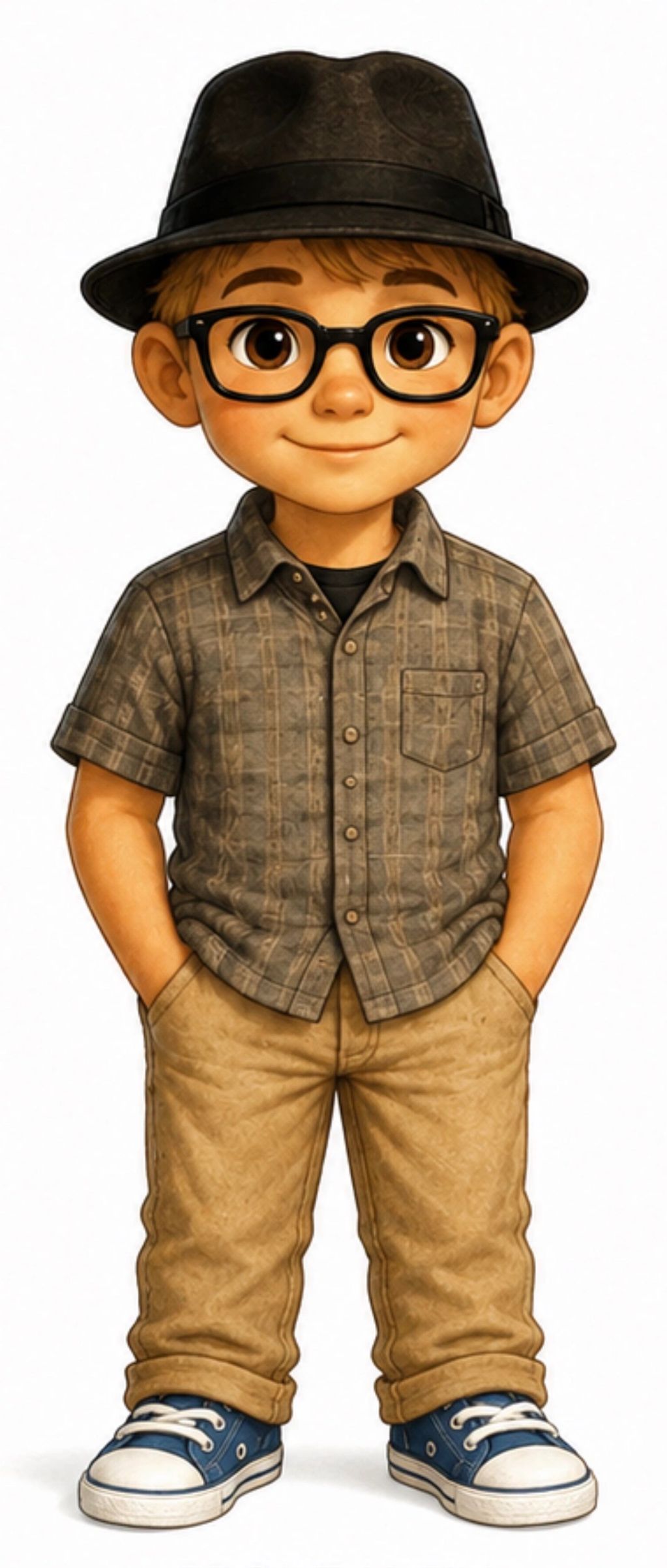 Young boy with glasses wearing a hat, plaid shirt, and blue sneakers.