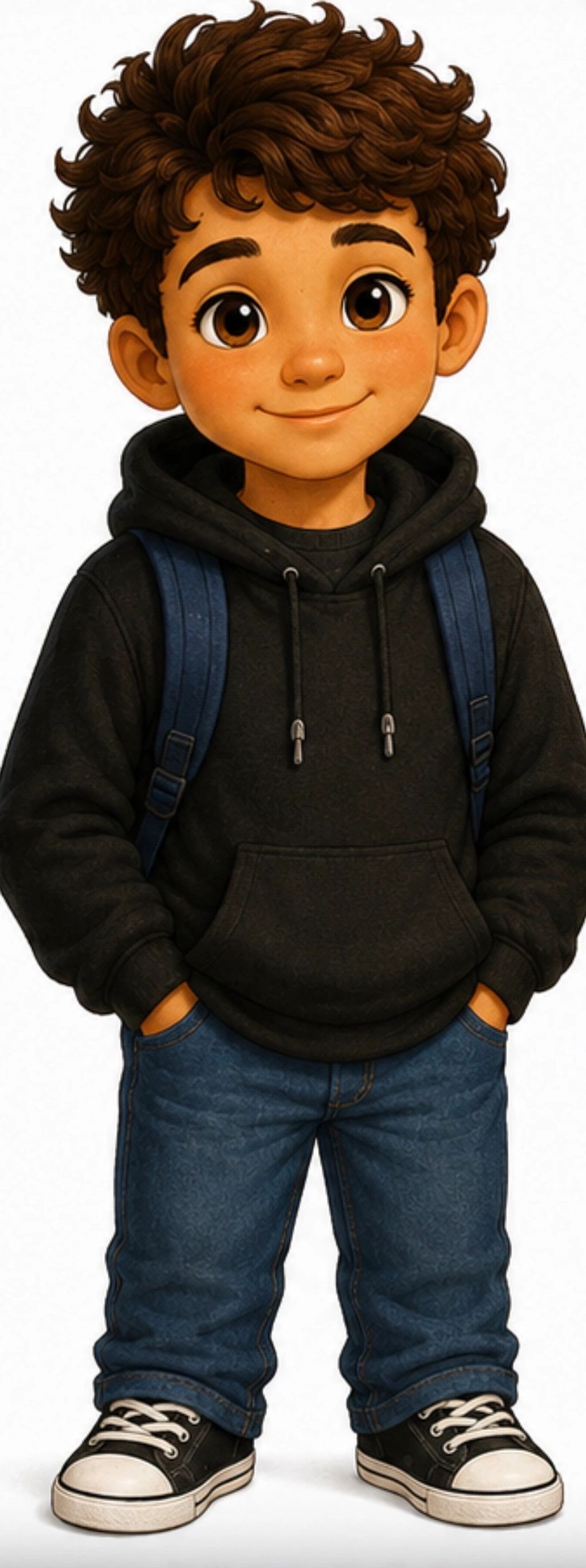 Smiling boy with curly hair in a black hoodie and jeans.