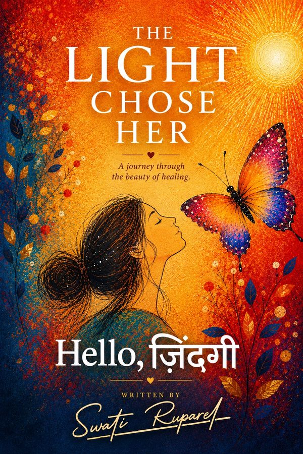 Book cover with woman, butterfly, and warm colors symbolizing healing.