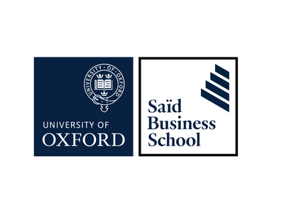 The University of Oxford navy blue logo next to the Saïd Business School logo in blue text on white