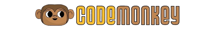 code monkey logo with cartoon monkey face on the left hand side 