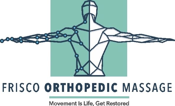 Logo of Frisco Orthopedic Massage with a geometric human figure and tagline.