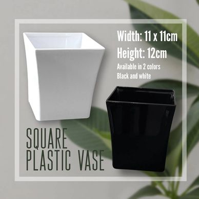 A modern square plastic vase in black and white showing dimensions 11x11x12cm for arrangement bases.