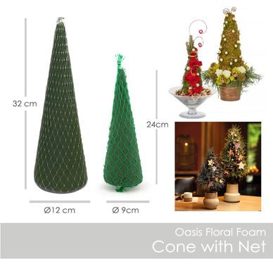 Pre-shaped wet cone floral foam bases shown next to decorated mini Christmas trees.