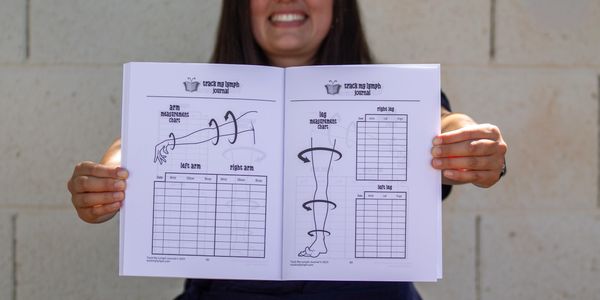 Person holding open a lymph measurement journal showing arm and leg charts.