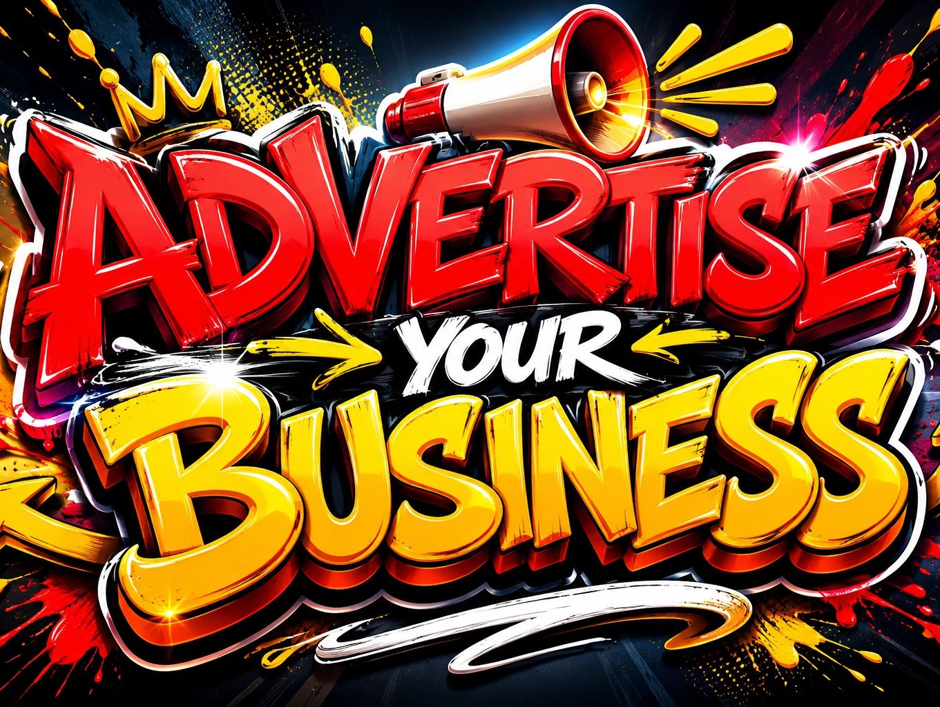 Colorful graffiti-style text saying 'Advertise Your Business' with a megaphone graphic.