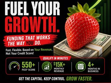 Strawberry on money promoting fast, flexible business funding.