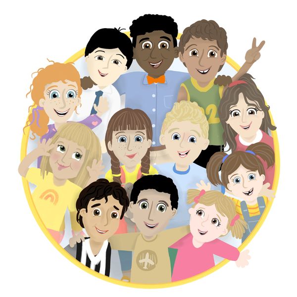 An illustration of the 12 children from 12 different families represented in the book
