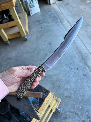 “Fisherman’s” Railway Spike knive. Hand forged from HC spike and paracord wrapped handle. 