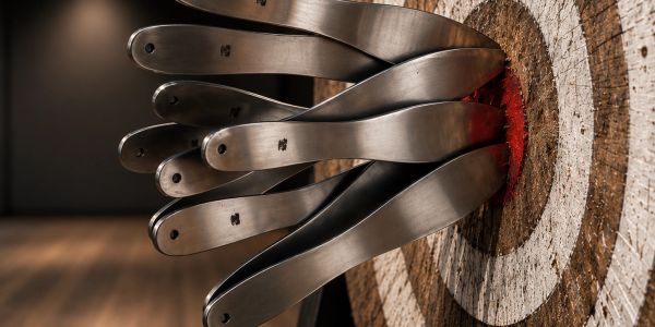 Several knives are embedded tightly in the bullseye of a wooden target.