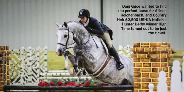 A rider on a gray horse jumps over an obstacle in a horse show.