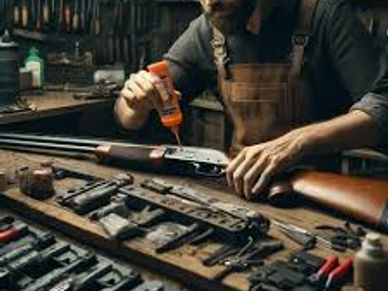 Craftsman assembling a rifle with tools on a workbench.