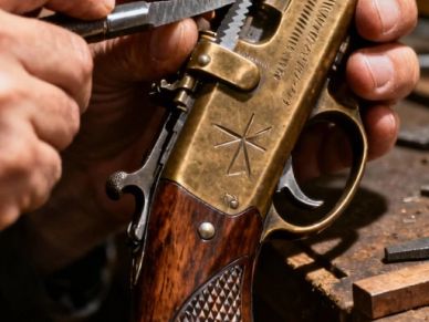 Close-up of hands repairing a vintage rifle.