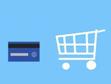 A blue credit card icon next to a white shopping cart icon on a blue background.
