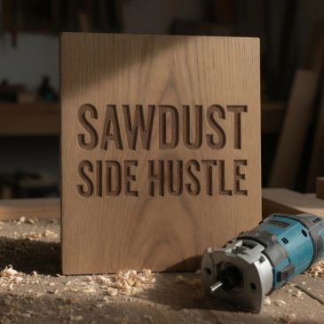 Wooden sign reading 'SAWDUST SIDE HUSTLE' next to a power tool and sawdust.