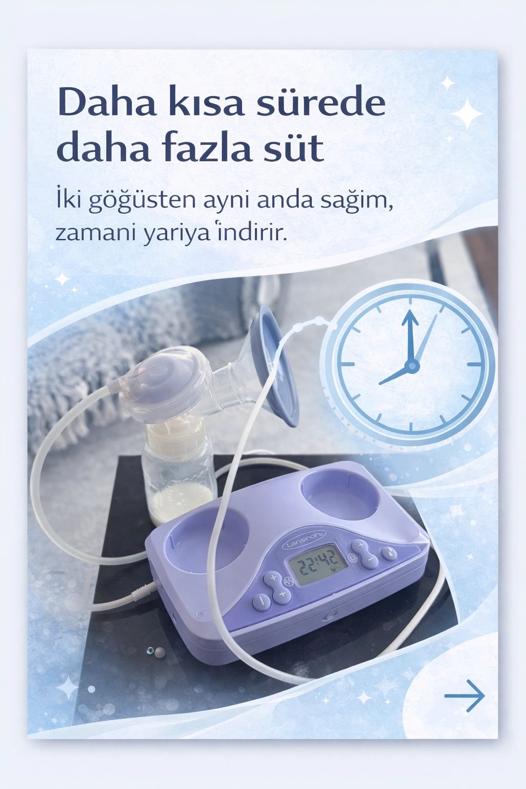 Elektrikli süt sağma pompası ve zaman tasarrufu vurgusu.