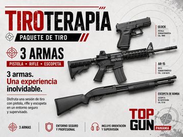 An advertisement for a shooting package with three firearms: pistol, rifle, and shotgun.