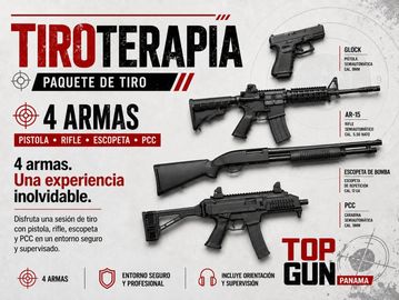 Publicidad de paquete de tiro con cuatro armas y experiencia segura.