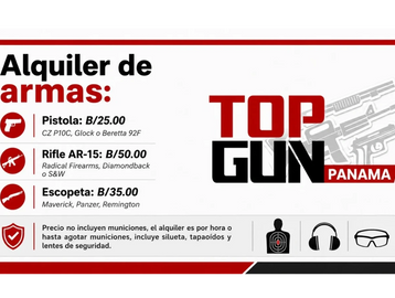 Pricing list for gun rentals including pistols, rifles, and shotguns with safety gear included.