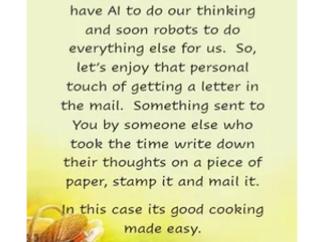 A quote about enjoying personal letters and good cooking.