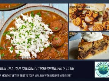 Delicious Cajun dishes featuring rice, sausage, fried chicken, and a dessert pie.