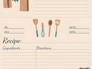 A blank recipe card with sections for ingredients, directions, and cooking details.