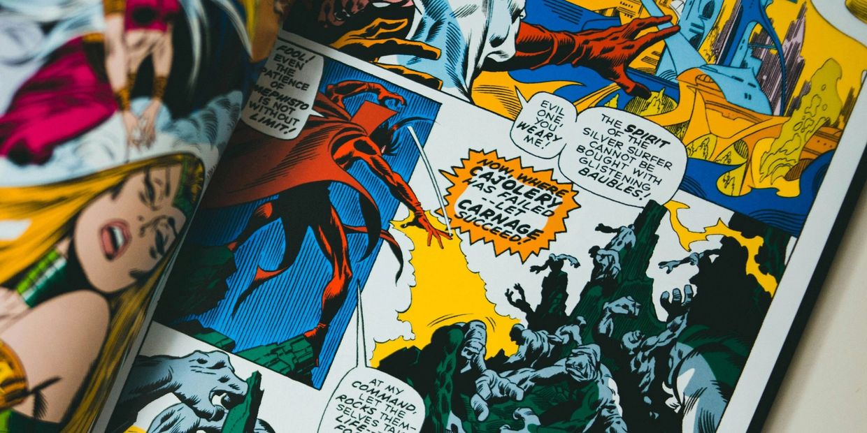 Close-up of a colorful comic book page being flipped.