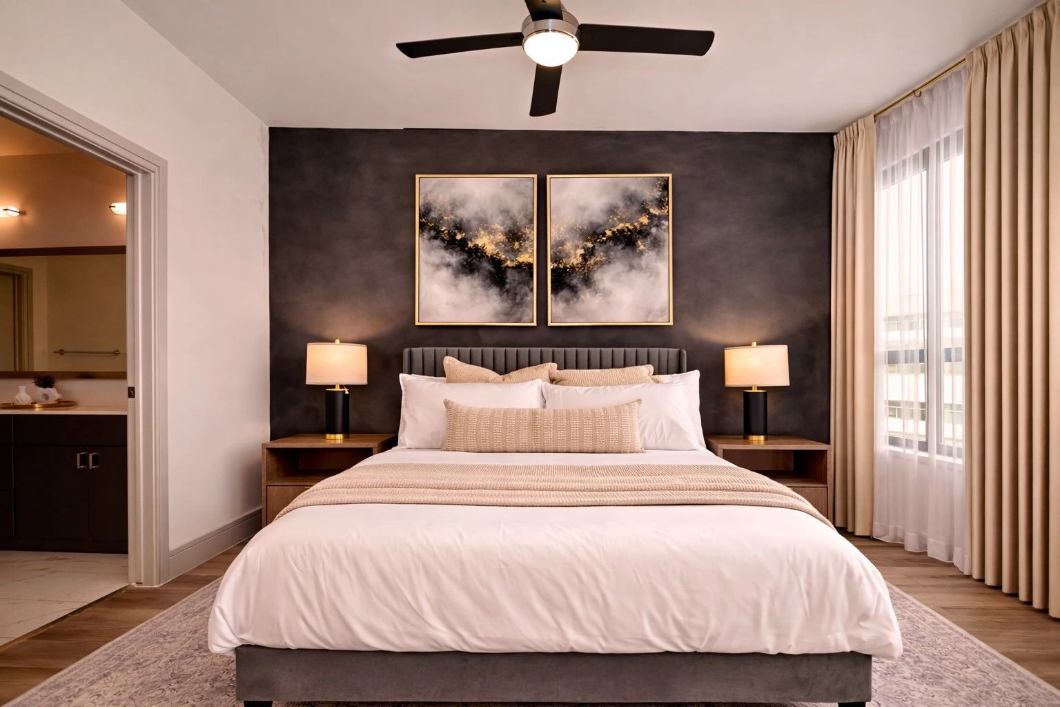 Modern bedroom with neutral tones, abstract art, and cozy lighting.