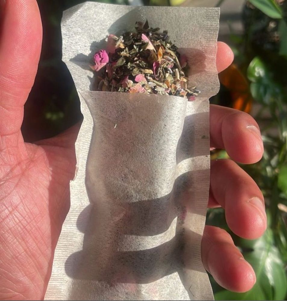 open hand holding loose leaf tea that is visible through the top of the tea bag.