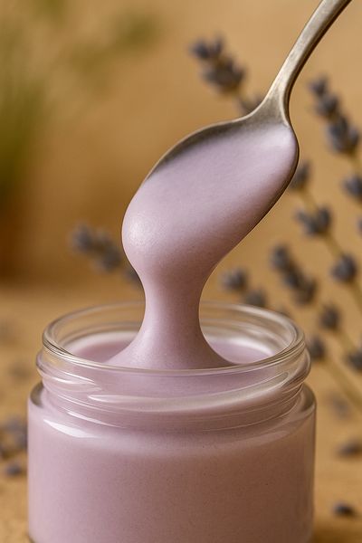Spoonful of English Creamed Honey lavender creamed honey, silky and light purple in color.
