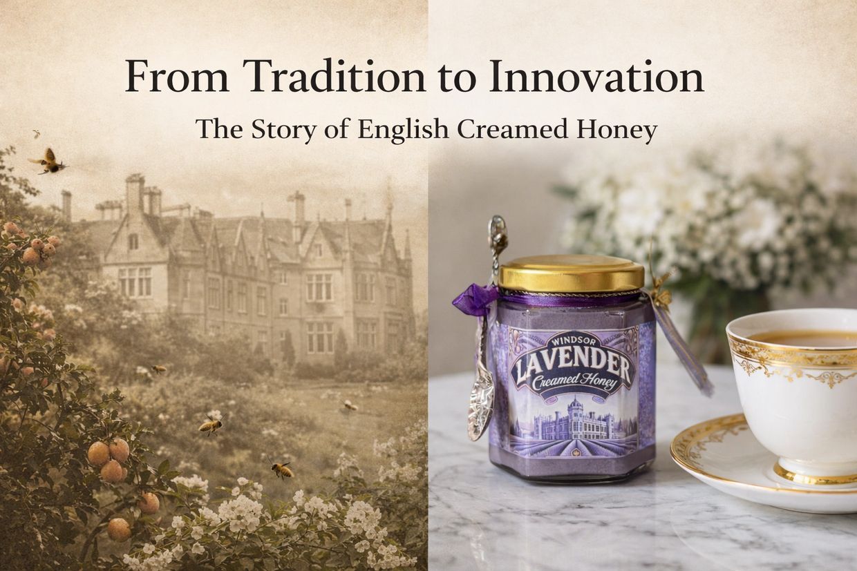 English Creamed Honey with Windsor Lavender jar and teacup beside vintage English manor garden