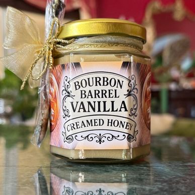Bourbon Barrel Vanilla Creamed Honey with rich vanilla and rustic bourbon tones, luxury honey gift