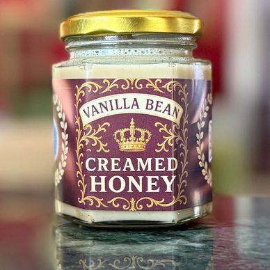 Vanilla Bean Creamed Honey, gourmet spreadable honey gift for desserts and tea.
