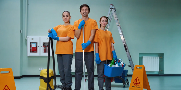 Three janitors in orange shirts with cleaning tools in a clean room.